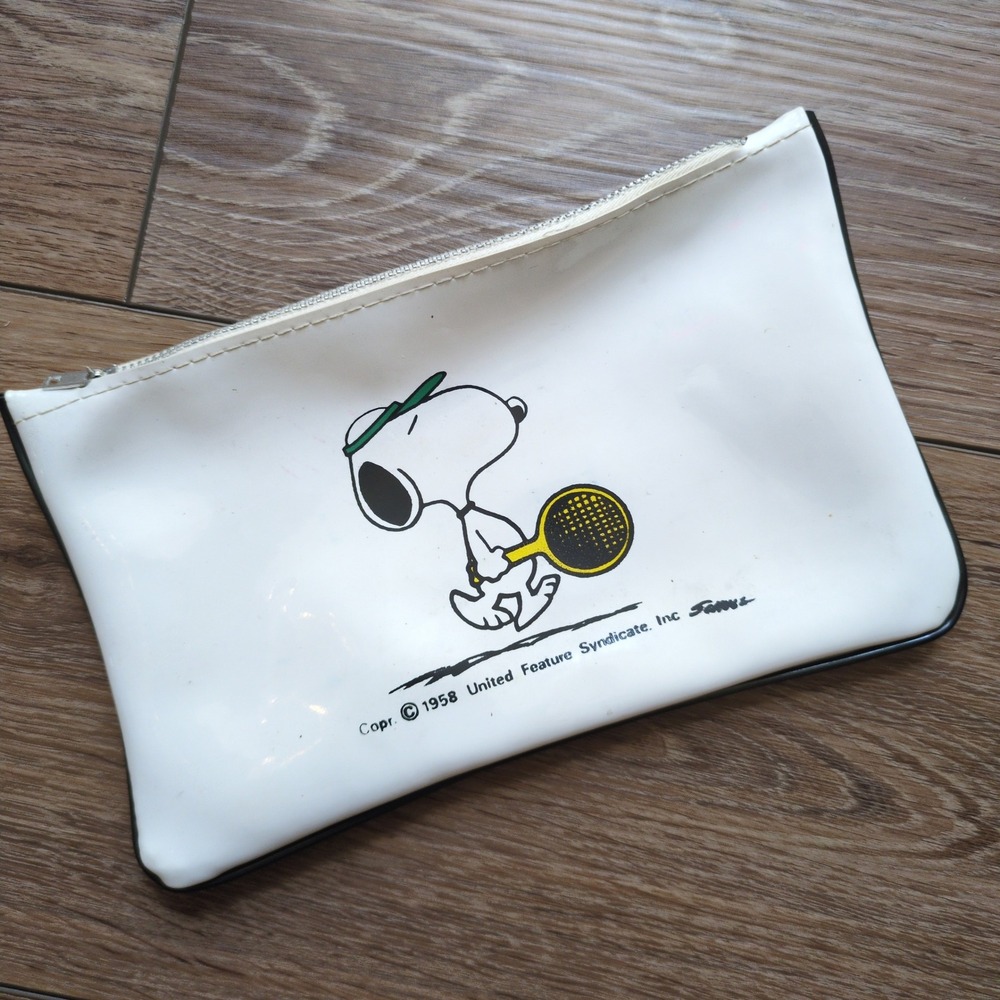 Vtg Peanuts‎ Snoopy Pouch White Tennis Vinyl Zipper Bag Pencil Case Pouch OS